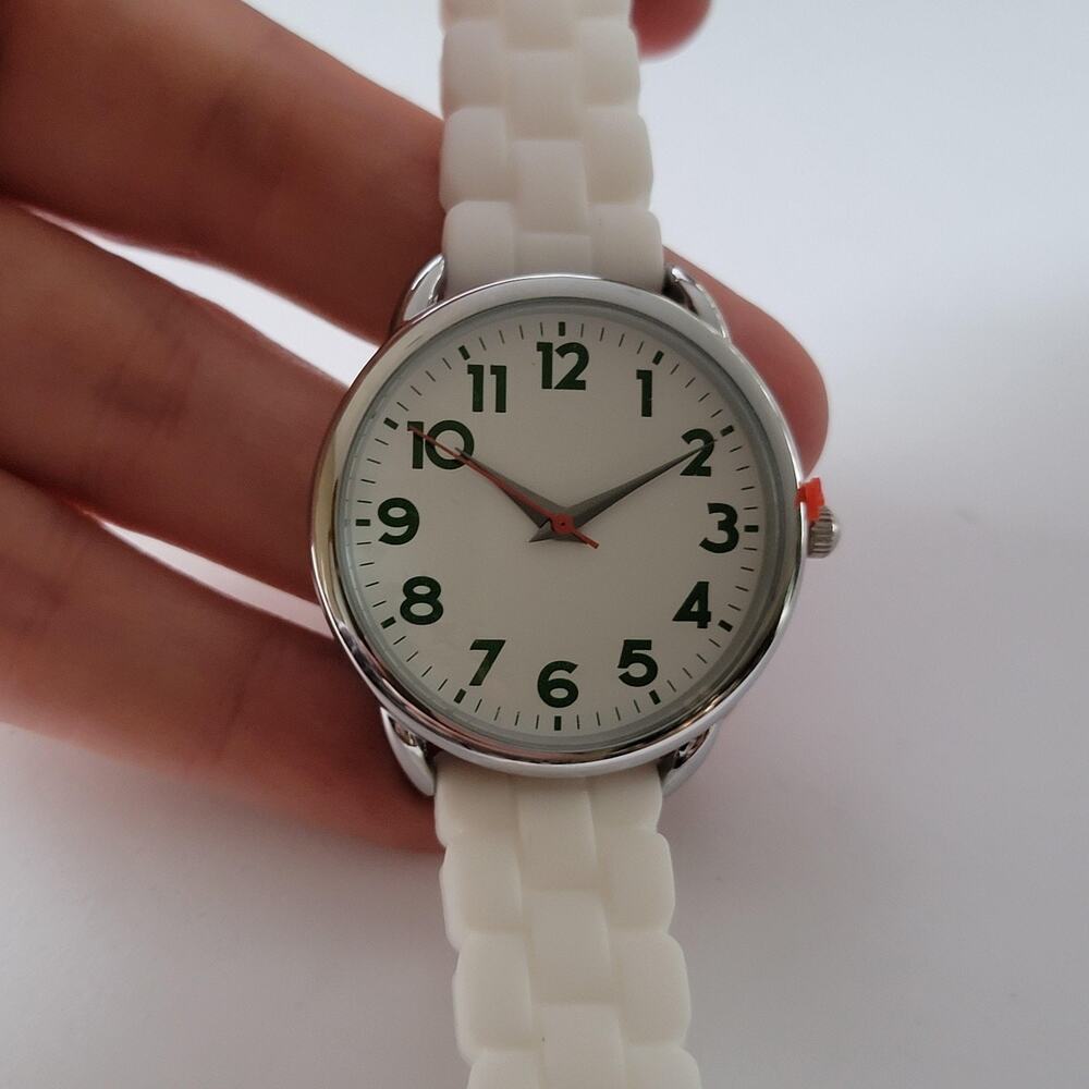White Silicone Strap Watch Green Numbers Silver Case Women Quartz Analog